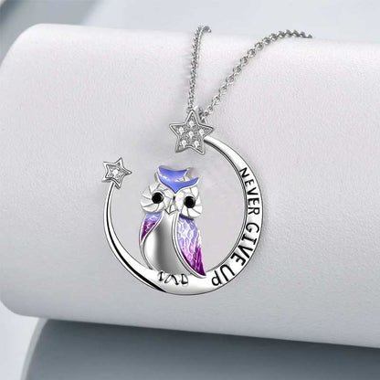Owl Pendant Necklace Engraved Never Give Up Nickel-Free