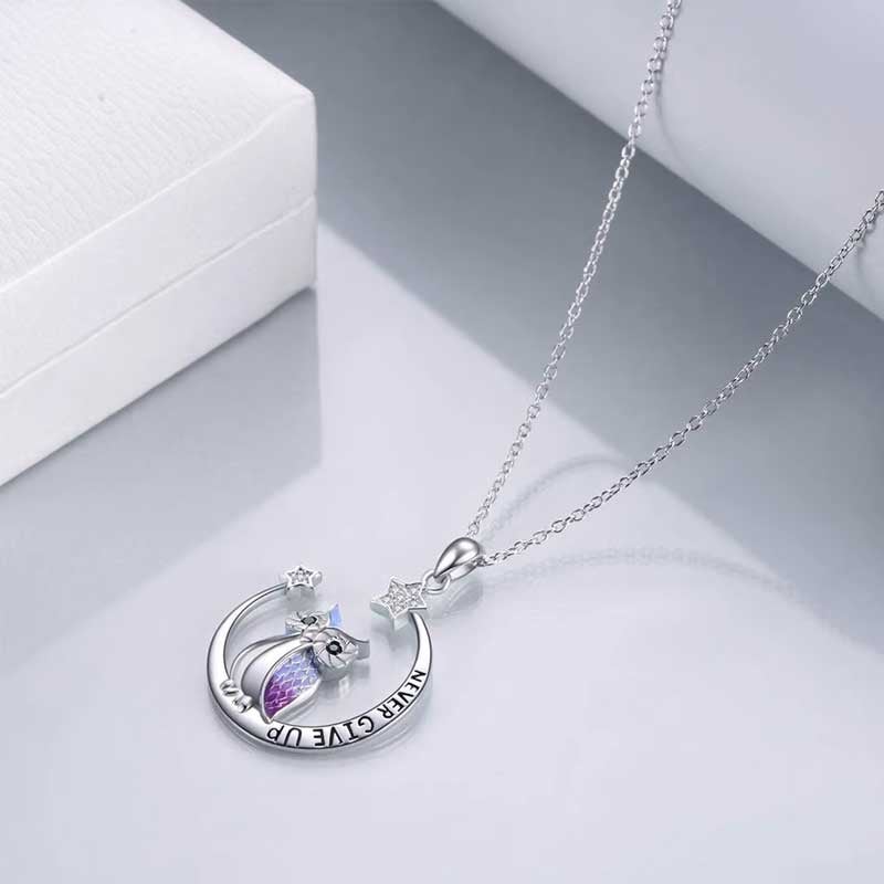 Owl Pendant Necklace Engraved Never Give Up Nickel-Free