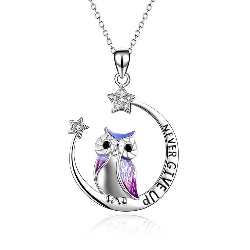 Owl Pendant Necklace Engraved Never Give Up Nickel-Free