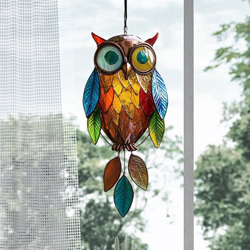 Owl Suncatcher Handcrafted Painted Metal Colorful Resin Leaves