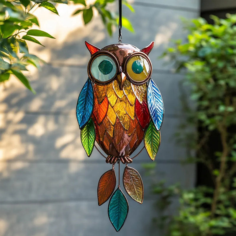 Owl Suncatcher Handcrafted Painted Metal Colorful Resin Leaves