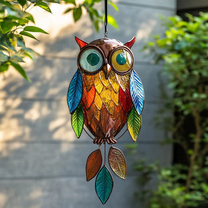 Owl Suncatcher Handcrafted Painted Metal Colorful Resin Leaves