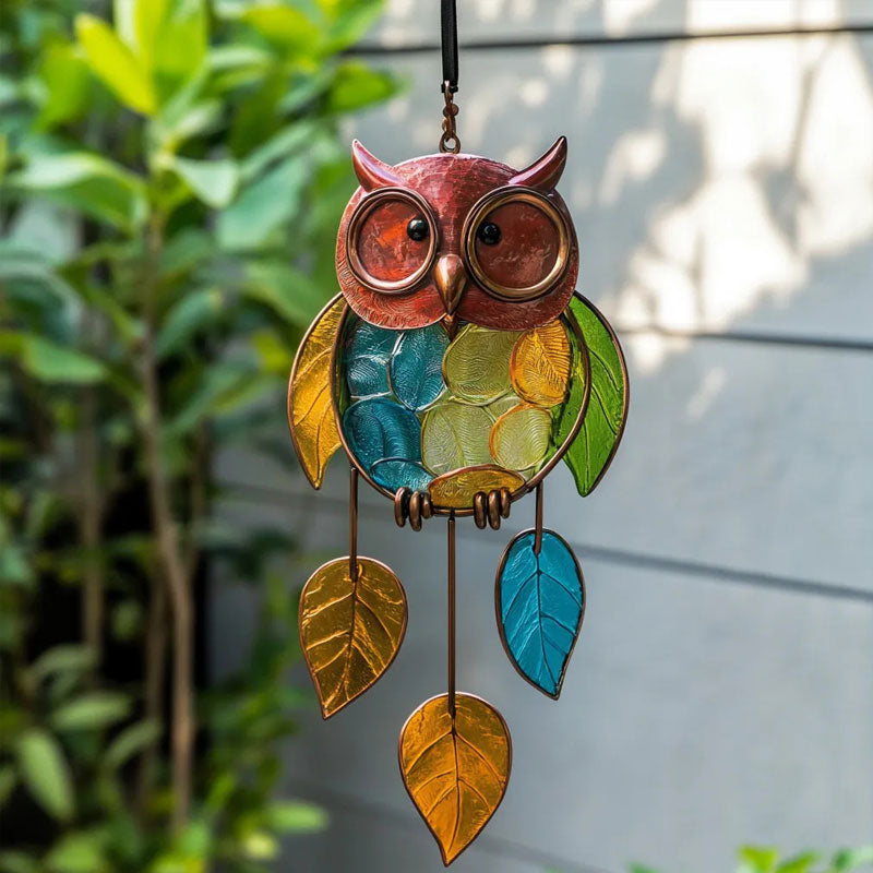 Owl Suncatcher Handcrafted Painted Metal Colorful Resin Leaves