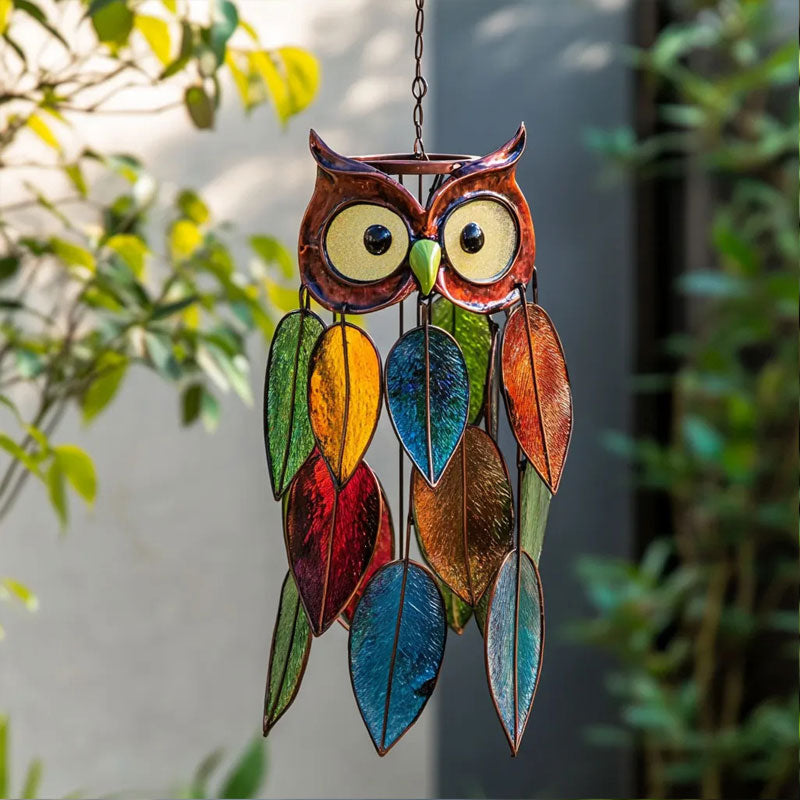 Owl Suncatcher Handcrafted Painted Metal Colorful Resin Leaves