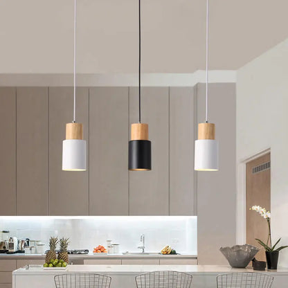 Pendant Light Aluminum Shade & Wood Accent Adjustable Cable