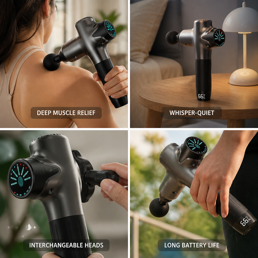 Percussion Massage Gun Whisper-Quiet & Interchangeable Heads