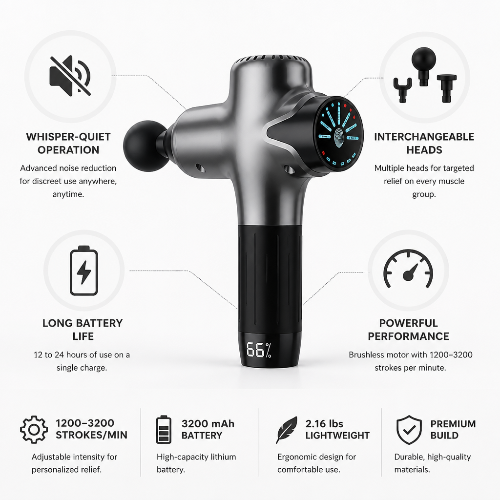 Percussion Massage Gun Whisper-Quiet & Interchangeable Heads