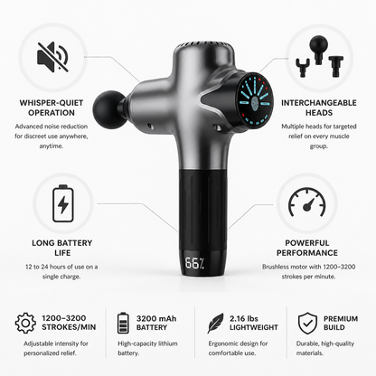 Percussion Massage Gun Whisper-Quiet & Interchangeable Heads