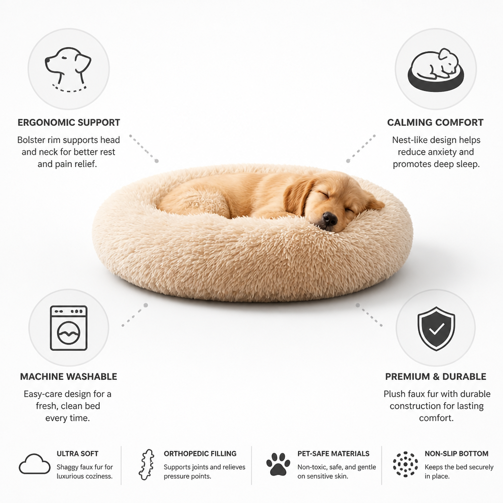 Pet Bed Orthopedic Bolster Faux Fur Machine Washable