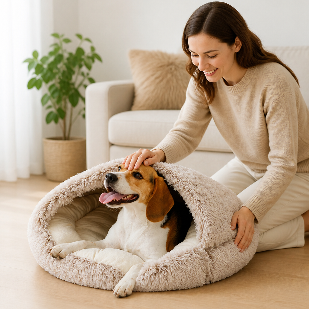 Pet Burrow Bed Semi-Enclosed Hood Plush Cotton & Non-Slip