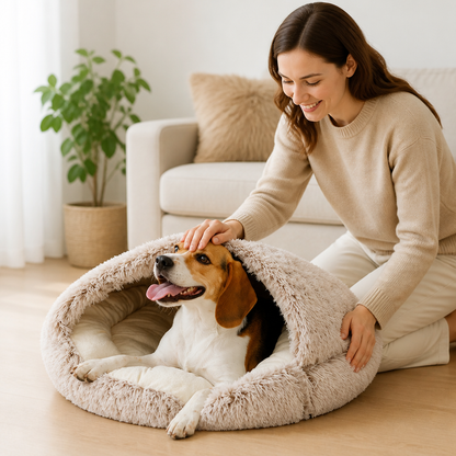 Pet Burrow Bed Semi-Enclosed Hood Plush Cotton & Non-Slip