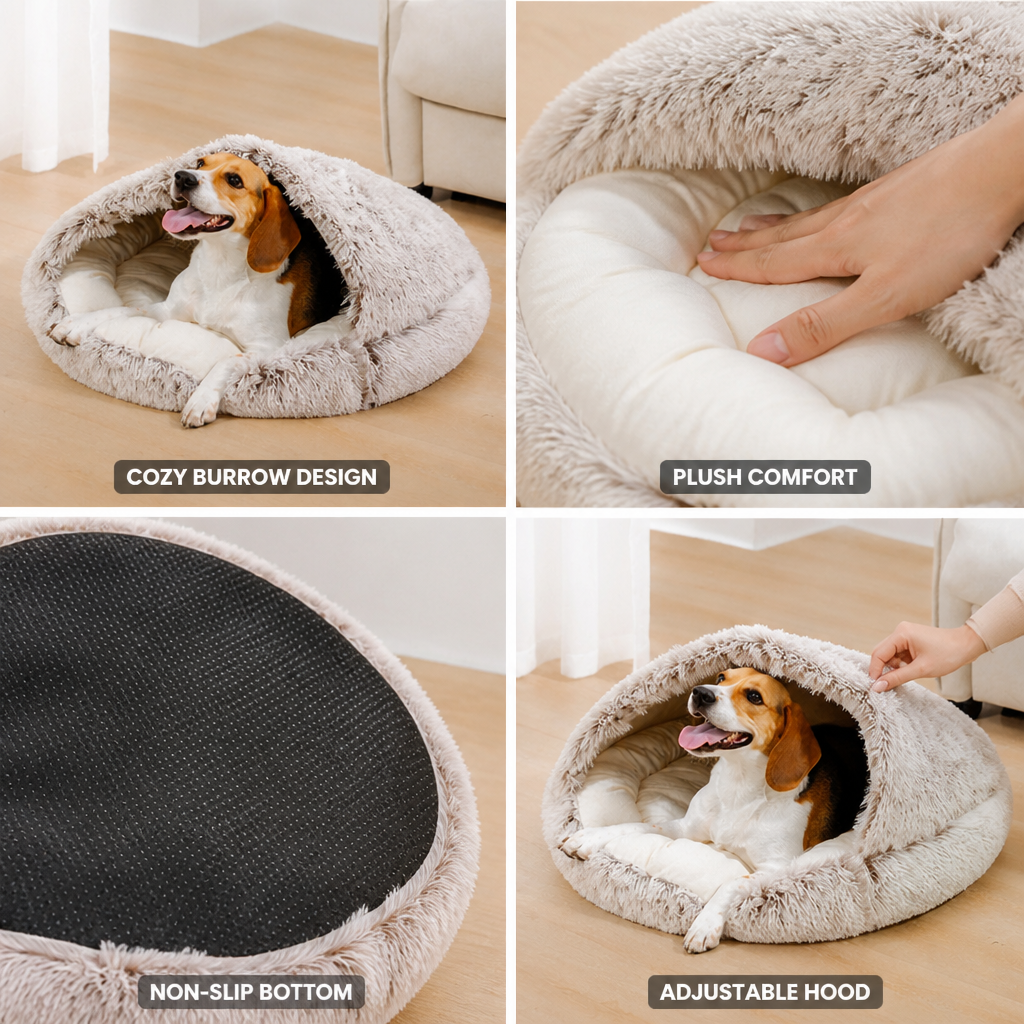 Pet Burrow Bed Semi-Enclosed Hood Plush Cotton & Non-Slip