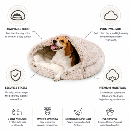 Pet Burrow Bed Semi-Enclosed Hood Plush Cotton & Non-Slip