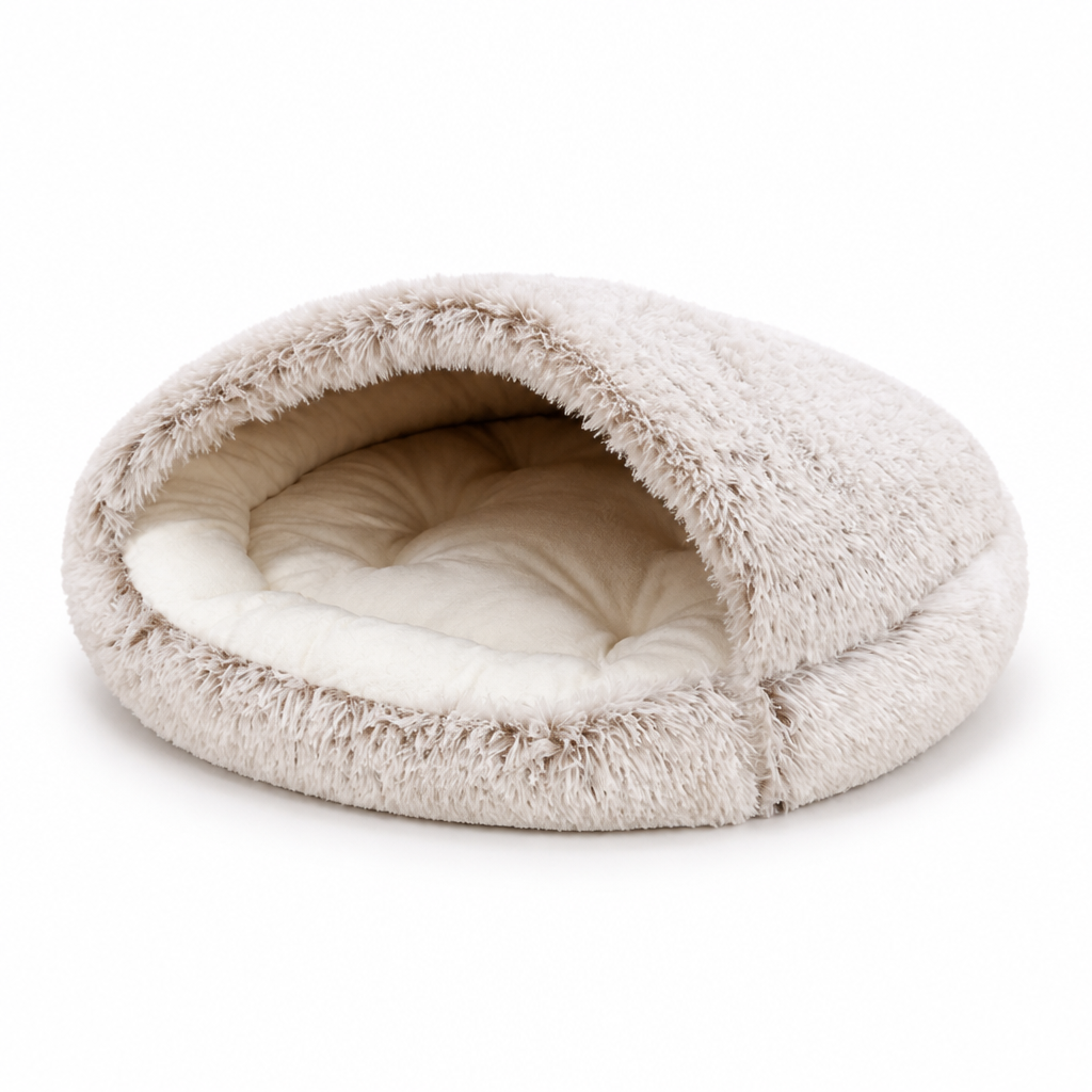 Pet Burrow Bed Semi-Enclosed Hood Plush Cotton & Non-Slip