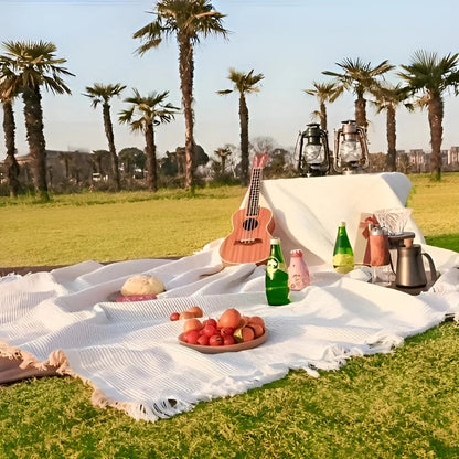 Picnic Blanket Fringed Boho Waterproof Backing & Machine Washable