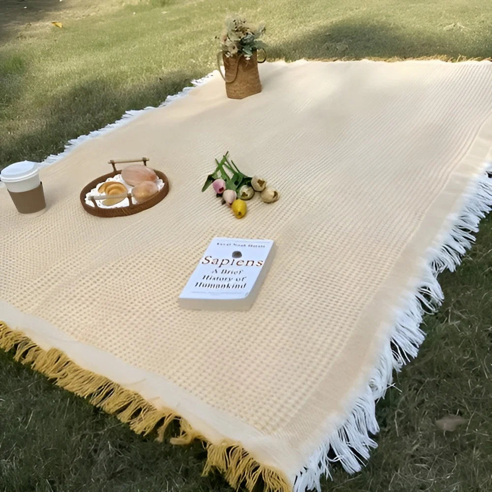 Picnic Blanket Fringed Boho Waterproof Backing & Machine Washable