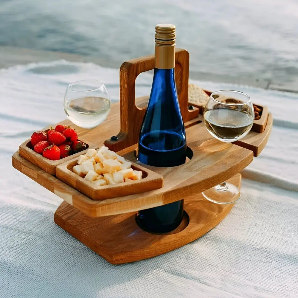 Picnic Table Foldable Wood Wine Bottle & Glass Holders