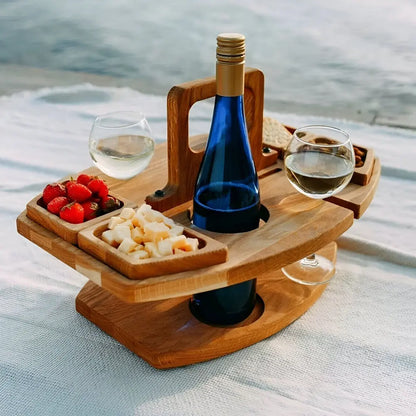 Picnic Table Foldable Wood Wine Bottle & Glass Holders