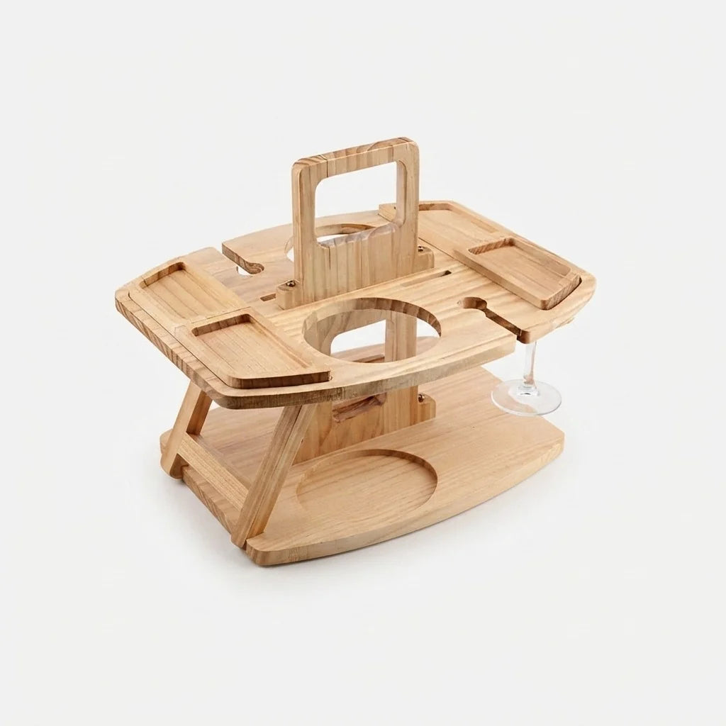 Picnic Table Foldable Wood Wine Bottle & Glass Holders