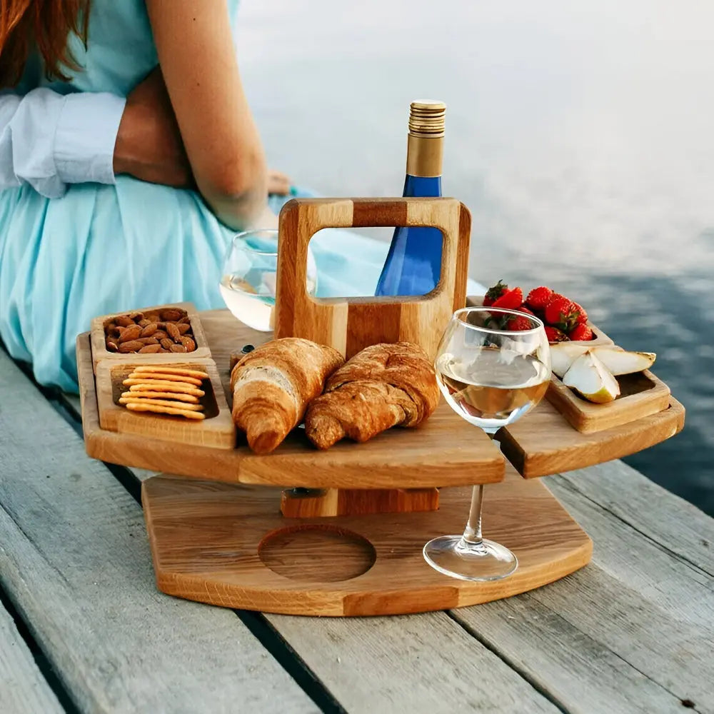 Picnic Table Foldable Wood Wine Bottle & Glass Holders