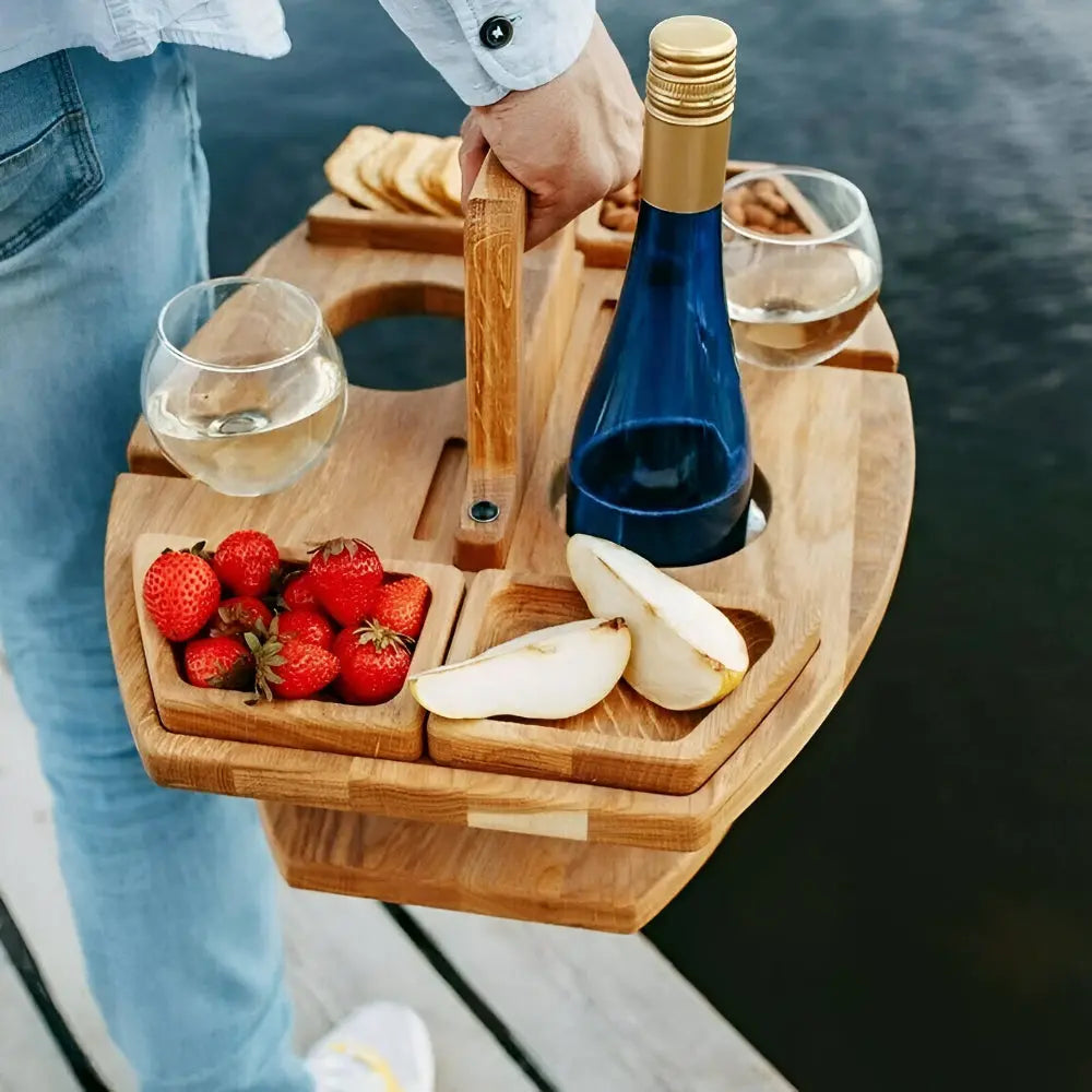 Picnic Table Foldable Wood Wine Bottle & Glass Holders