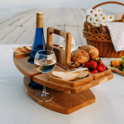 Picnic Table Foldable Wood Wine Bottle & Glass Holders