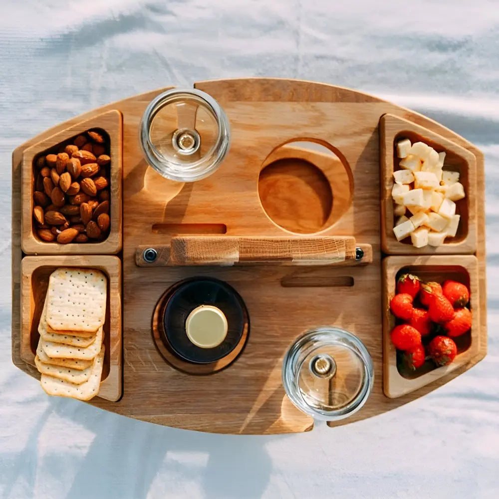 Picnic Table Foldable Wood Wine Bottle & Glass Holders