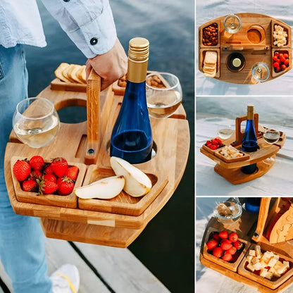 Picnic Table Foldable Wood Wine Bottle & Glass Holders