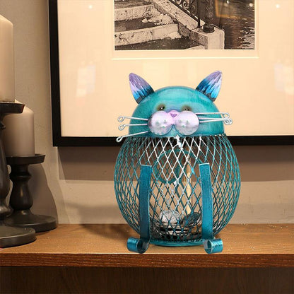 Piggy Bank Cat Shaped Turquoise Electroplated Metal Removable Bottom
