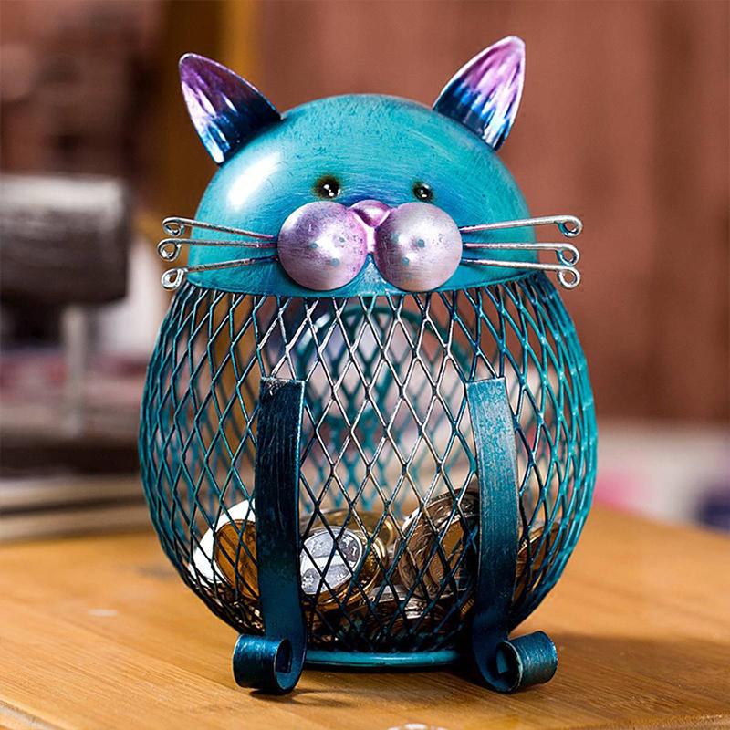 Piggy Bank Cat Shaped Turquoise Electroplated Metal Removable Bottom