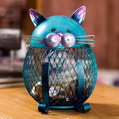 Piggy Bank Cat Shaped Turquoise Electroplated Metal Removable Bottom