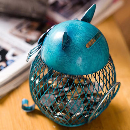 Piggy Bank Cat Shaped Turquoise Electroplated Metal Removable Bottom