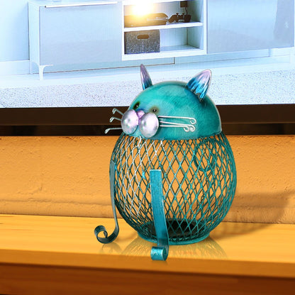 Piggy Bank Cat Shaped Turquoise Electroplated Metal Removable Bottom