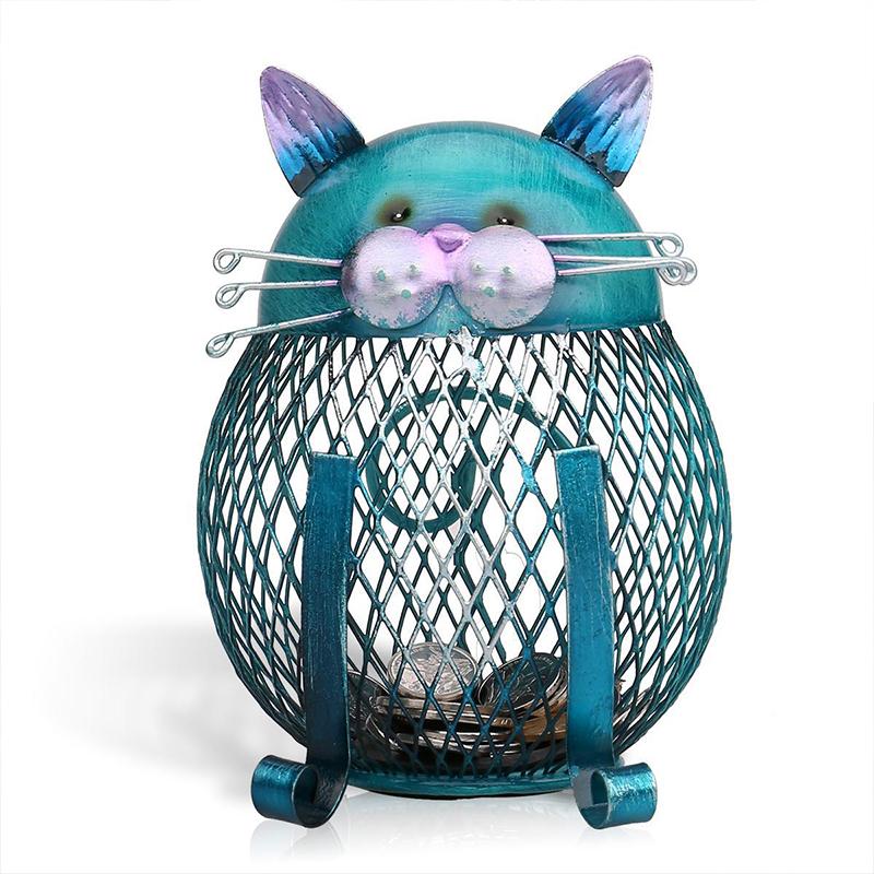 Piggy Bank Cat Shaped Turquoise Electroplated Metal Removable Bottom