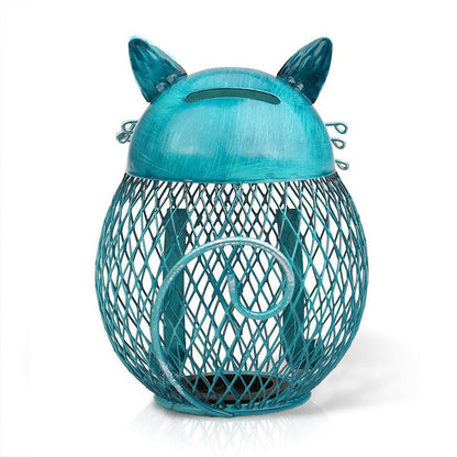 Piggy Bank Cat Shaped Turquoise Electroplated Metal Removable Bottom