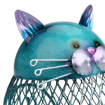 Piggy Bank Cat Shaped Turquoise Electroplated Metal Removable Bottom