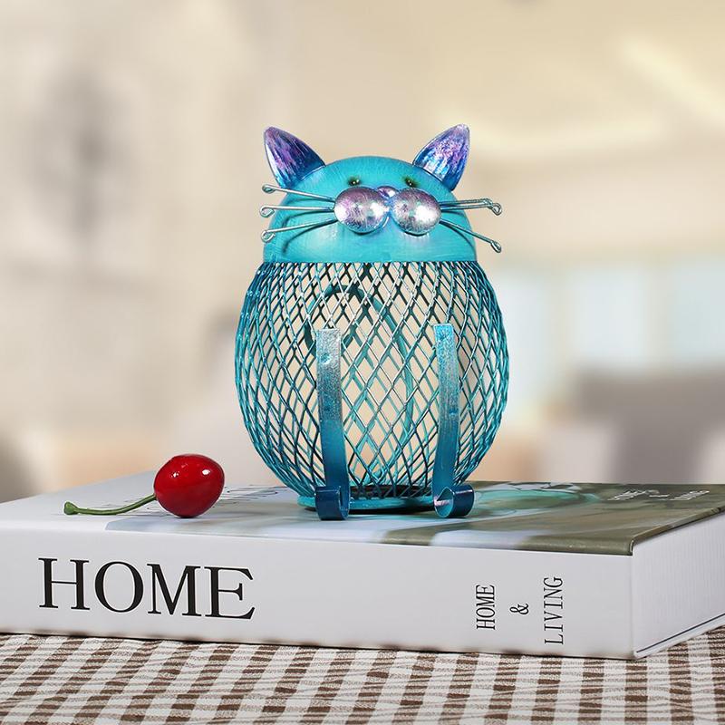 Piggy Bank Cat Shaped Turquoise Electroplated Metal Removable Bottom