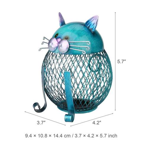 Piggy Bank Cat Shaped Turquoise Electroplated Metal Removable Bottom