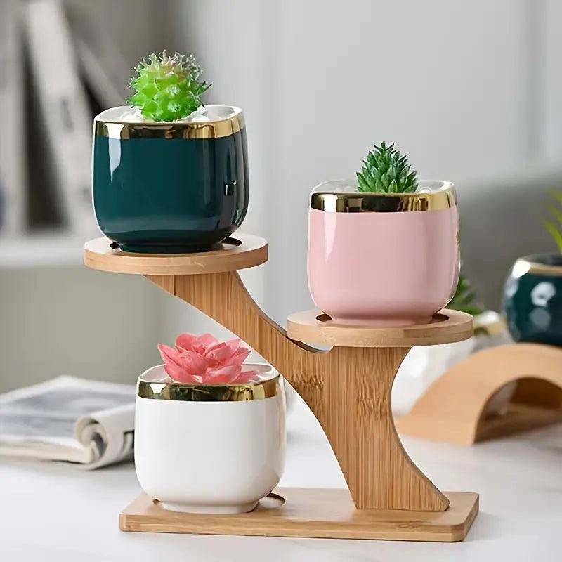 Plant Stand Bamboo Two-Tier Recessed Holders No Assembly