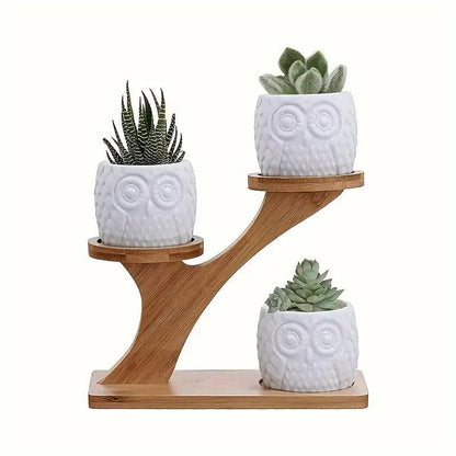 Plant Stand Bamboo Two-Tier Recessed Holders No Assembly