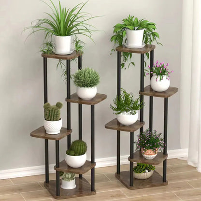Plant Stand Five-Tier Space-Saving Black Metal & Wood