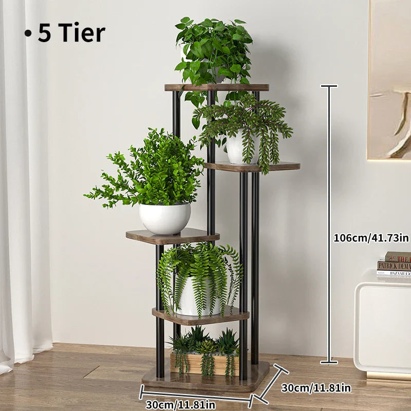 Plant Stand Five-Tier Space-Saving Black Metal & Wood