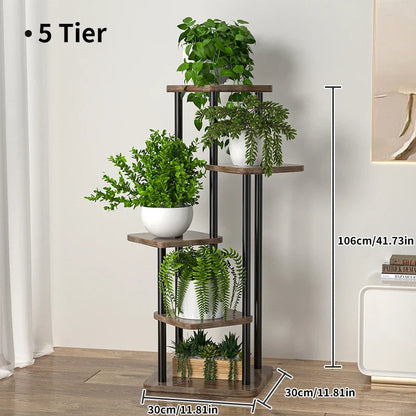 Plant Stand Five-Tier Space-Saving Black Metal & Wood