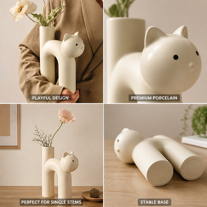 Playful Cat-Shaped Porcelain Vase (Single Stem)