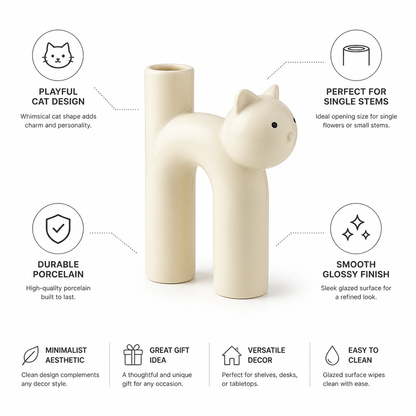 Playful Cat-Shaped Porcelain Vase (Single Stem)