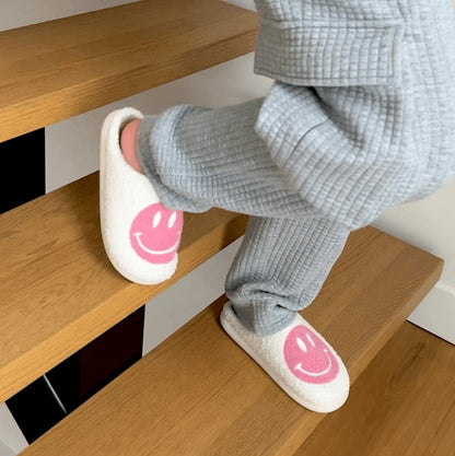Plush Slippers Smiley Design Plush Lining & Non-Slip Rubber Sole