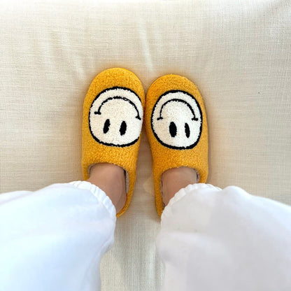 Plush Slippers Smiley Design Plush Lining & Non-Slip Rubber Sole