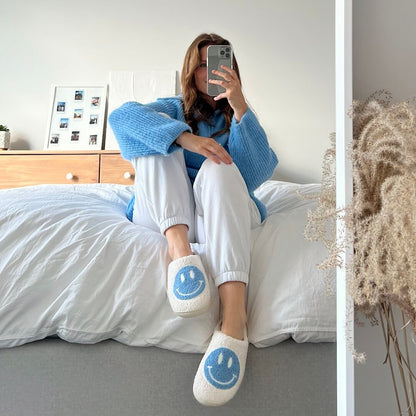 Plush Slippers Smiley Design Plush Lining & Non-Slip Rubber Sole