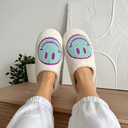 Plush Slippers Smiley Design Plush Lining & Non-Slip Rubber Sole