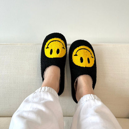 Plush Slippers Smiley Design Plush Lining & Non-Slip Rubber Sole